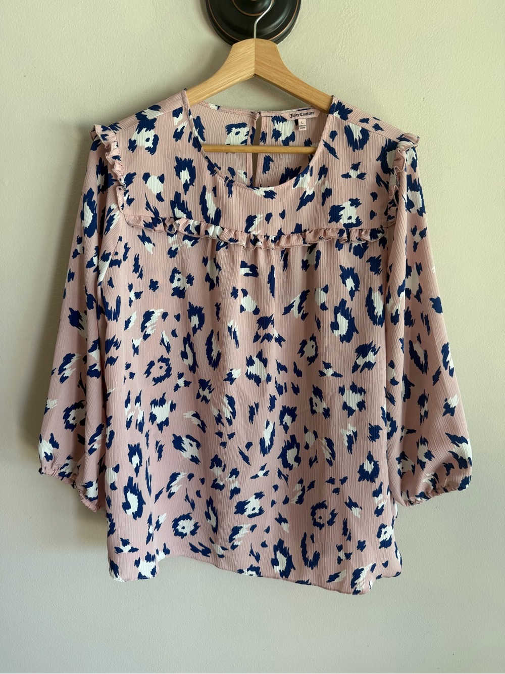 Juicy Couture Pink Leopard Print Ruffle Blouse Long Sleeve Top Large